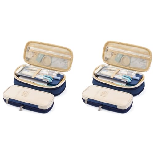 HASTHIP® Nylon Large Capacity Pencil Pouch Durable Storage Multiple Compartment Double Zipper Portable Box for Kids College Student Teen 22X11Cm Navy Blue 2 PCS HASTHIP® Nylon Large Capacity Pencil Pouch Durable Storage Multiple Compartment Double Zipper Portable Box for Kids College Student Teen 22X11Cm Navy Blue 2 PCS
